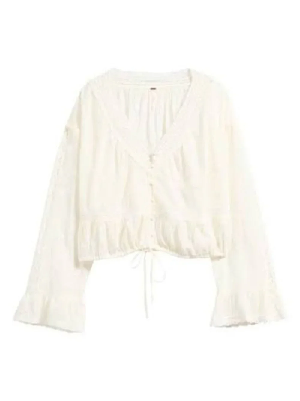 Free People Sweet Love Blouse Crochet-Trim Embroidered Peasant Blouse Size XL